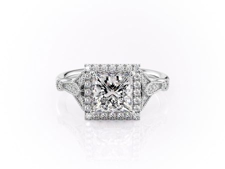 The Halo Stephanie Set With A 1 Carat Princess Moissanite For Sale